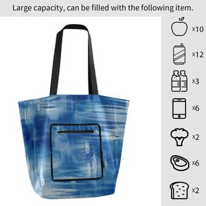 Denim Print <b>Foldable</b> Shopping Bag Nylon Tote Bag Large Reusable Carry Bag With Zipper Pocket - Product Image 4