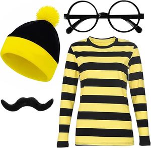 Costume à rayures ensemble classique déguisement Costume tenue T-shirt bonnet chapeau lunettes moustache pour femmes hommes Cosplay journée mondiale du livre - Product Image 1