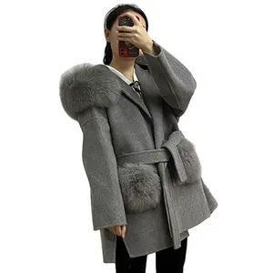 Winter cashmere coat for women wool soft fox fur overcoat cheap price fur fashion lady pullover coat