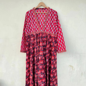 Robe d'été en coton imprimé à la main, robe midi décontractée à fleurs, vêtements décontractés pour la maison, robe maxi ample et douce - Product Image 1