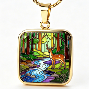 Colgante Rectangular Chapado en Oro con Escena de Ciervos en el Bosque, Artesanía Metálica con Temática Animal y Esmaltado - Product Image 1