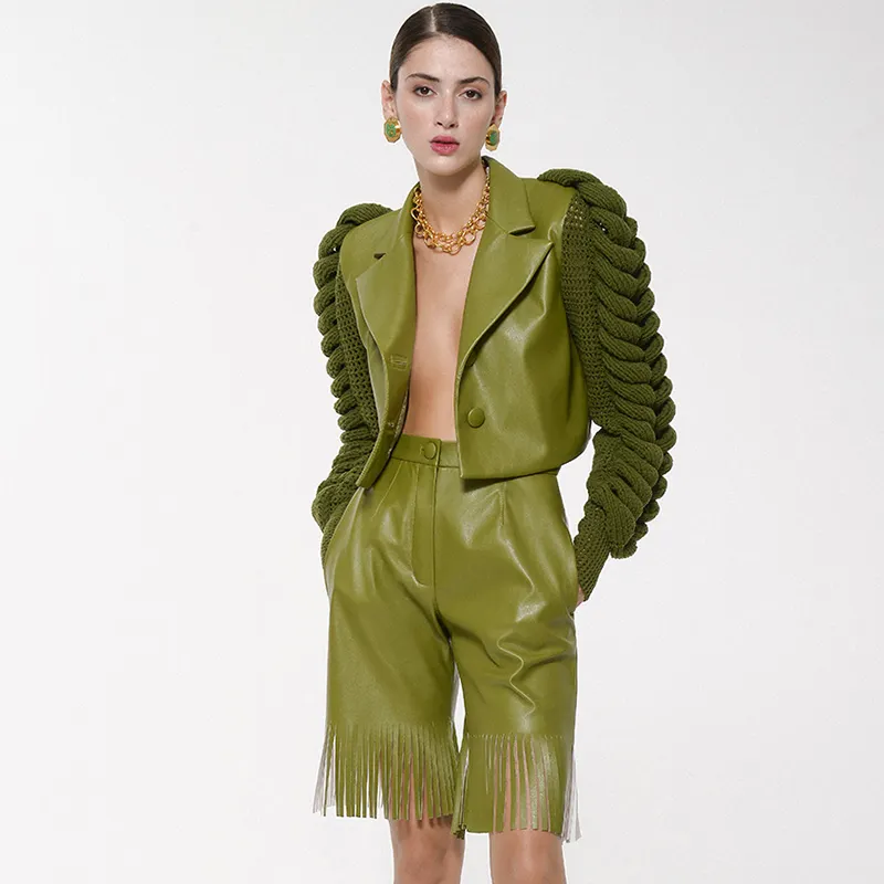 2022 Women Cropped Oversized Olivia Leather Jacket Cable Knit Sleeves Design Jacket