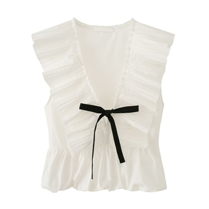 Chemisier plissé sans manches à col en V profond pour <span class=keywords><strong>femme</strong></span> avec détail nœud, polyvalent, décontracté, pour <span class=keywords><strong>le</strong></span> bureau, OEM par usine de vêtements chinoise - Product Image 1