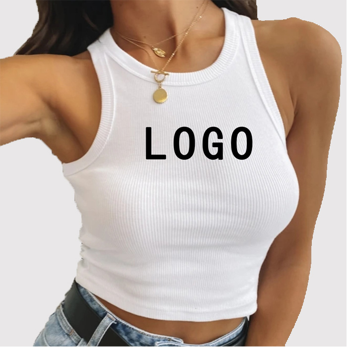 Custom Logo Vest Summer Ladies White Cotton Ribbed Women Crop Tank Top