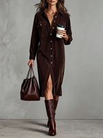 Robe longue en velours côtelé de couleur unie pour femme, style chemise à col, coupe ample, automne-hiver