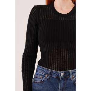 Chemisier en tricot à manches longues pour femme, bleu marine, avec couche transparente, pour tous les jours - Product Image 3