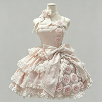 Robe de soirée Lolita brodée de roses roses, robe de bal vintage avec nœud en dentelle florale 3D pour cérémonie de majorité