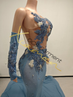Ocstrade Pronto per la Spedizione - Contattaci Prima dell'Ordine, Abito da Sera con Glitter Azzurro, Strass e Rete Trasparente per Donna, Collezione 2026