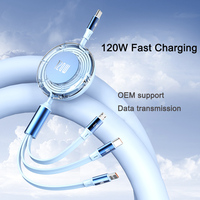 Personalización OEM 3 en 1 Cable USB retráctil 120W Cable de datos de carga rápida Cable cargador de teléfono colorido de moda portátil