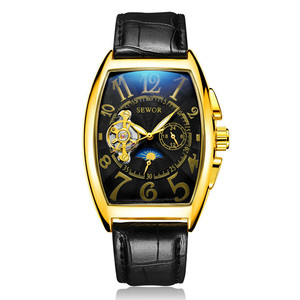 SEWOR Nuovo <span class=keywords><strong>Orologio</strong></span> Meccanico <span class=keywords><strong>Automatico</strong></span> Tourbillon Tonneau Nero e Oro con <span class=keywords><strong>Cinturino</strong></span> in Vera <span class=keywords><strong>Pelle</strong></span> per Uomo - Product Image 4