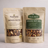 Op maat gemaakte ecologische, hersluitbare bruine kraftpapieren zakjes voor noten, granola en andere snacks, met transparant venster en ziplock sluiting.