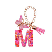 Porte-clés simple en alliage avec pendentif cœur coloré, confettis, papillon et pompon, chaîne dorée, breloque de sac, cadeau pour femme