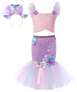 Costume da Sirena in 2 Pezzi, Top con Paillettes e Tulle, Outfit per Bambini per Feste di Compleanno e Cosplay, Costume da Piccola Sirena con Fascia per Capelli - Product Image 4