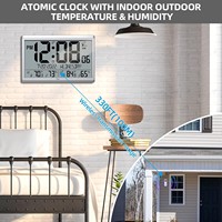 Reloj de Pared Digital Atómico LFF, No Necesita Configuración, Temperatura y Humedad Interior/Exterior, Funciona con Batería, Sensor Inalámbrico, Números de 45 Pulgadas