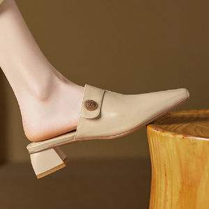 Mules de Cuero Genuino para <span class=keywords><strong>Mujer</strong></span>, Punta Cuadrada, Tacón Cuadrado, Plantilla de Piel de Oveja, Transpirables, Cómodos, Zapatos de Trabajo Profesionales, Color Marrón - Product Image 1