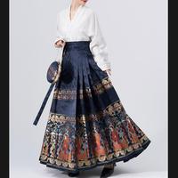 Jupes de qualité de style chinois 2023, art littéraire rétro, fluide, taille haute, coupe trapèze, jupe plissée à motif de visage de cheval de la dynastie Ming améliorée