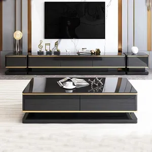 Rock slab TV cabinet living room 2023 new modern tv stand and coffee table set black glass light luxury mesa de tv