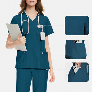 Unisex quá khổ phù hợp với chà đồng phục thiết lập polyester chống nhăn căng V cổ Top & đàn hồi eo quần thẳng - Product Image 1