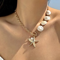 Nouveau Collier de style international pour femme, multicouche, massif, en alliage doré, avec perles imitation perle, perles en forme d'étoile de mer et coquillages, style Europe-Amérique, de niche