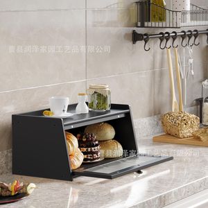 Bread Storage Box Rectangle Flip Top Breathable Home <b>Kitchen</b> Desktop Organizer White Natural Wood Color - Product Image 4