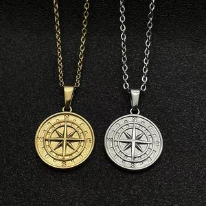 Collar para <span class=keywords><strong>hombre</strong></span> con colgante de brújula estrella <span class=keywords><strong>del</strong></span> <span class=keywords><strong>norte</strong></span> de oro de 18k, cadena de cuerda de acero inoxidable y medallón grabado plateado con brújula - Product Image 4