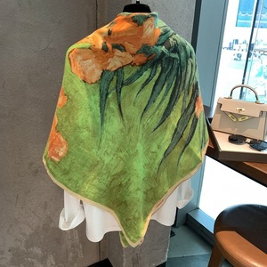 Large <b>Silk</b> Scarf Custom Logo Oil Painting Art Printed Yellow <b>Green</b> Square Shawl Wrap Headscarf Factory Direct Wholesale - Product Image 4