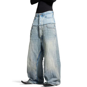 บริการ OEM กางเกงยีนส์ดิบขอบดิบ ตัดเย็บทรงขากว้าง ล้างสี แต่งรอยขาด กางเกงยีนส์ดีไซน์ใหม่ เอวสองชั้นทรงหลวมสำหรับผู้ชาย - Product Image 2