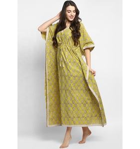 Flora Look Amarillo Beige Bloque de mano Impreso Kaftan Cuello en V Atar Cintura Tejido Ecológico Algodón transpirable - Product Image 1