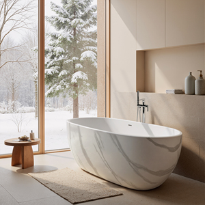 Baignoires à remous compatibles, baignoire portable en acrylique autoportante pour intérieur avec design veiné de marbre - Product Image 5