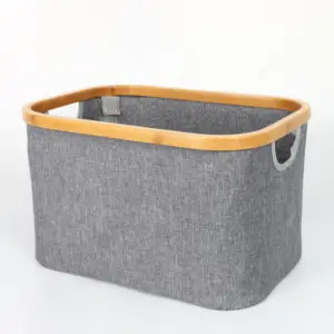 Waterproof And Collapsible Cloth Storage Box Bamboo Frame Durable Gray Laundry Basket With Handle For Closet And Bathroom