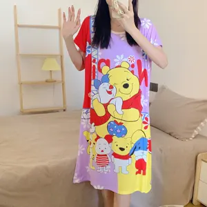 Váy Ngủ Mickey Lụa Sữa Thời Trang Sành Điệu Cho Nữ, Váy Ngủ Ngoại Cỡ Kiểu Hàn Quốc, Cổ Tròn, Tay Ngắn, Mặc Mùa Hè