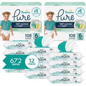 ผ้าอ้อมสำเร็จรูปขายส่ง ไซส์ 6 จำนวน 216 ชิ้น พร้อมผ้าเช็ดทำความสะอาดแบบเปียก 12 แพ็ค สำหรับเด็กทารกน้ำหนัก 28 ถึง 45 ปอนด์ - Product Image 1