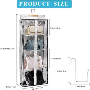 Heavy-Duty 4 <b>Large</b> Clear PVC Pockets Handbag Hanging Organizer, Wooden Hanger Oxford Cloth for Closet & Bedroom Storage Bag - Product Image 2