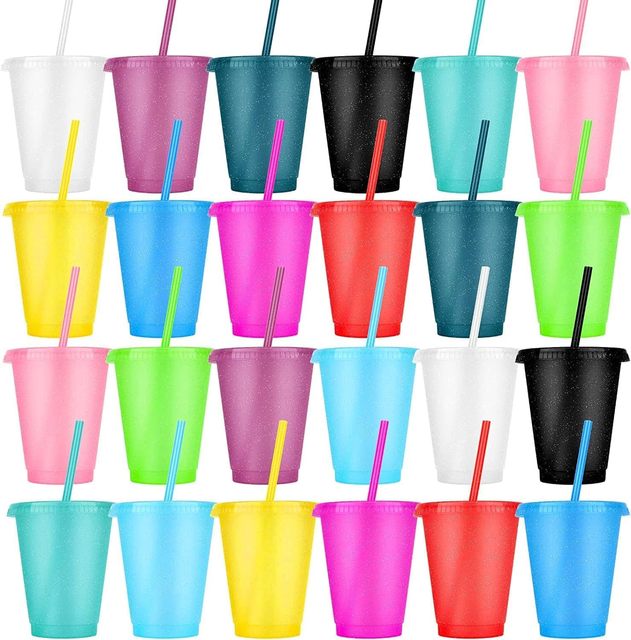 16oz Reusable BPA Free Custom Logo Clear Cold Coffee Mug Plastic Colour Changing Cups With Straw