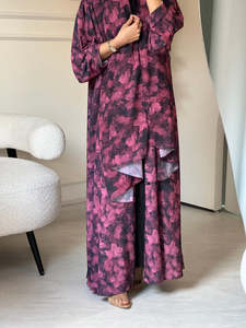 Vestido Largo Modesto con Estampado Floral Color Frambuesa Personalizado de Leduo, Abaya con Puños Fruncidos para Musulmanas - Product Image 3