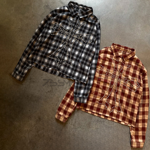 Personnalisé Unisexe Bouton Baggy Plaid Chemise à Manches Longues pour Hommes Coton Lavage À L'acide Détresse Flanelle Strass Revers Streetwear Chemises - Product Image 2