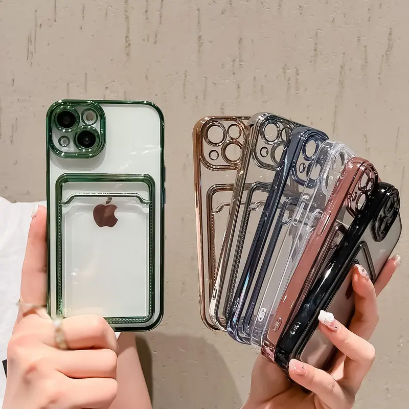 For iphone 13 pro max clear shockproof cases with card holder, for iphone 11 square plating frame protection soft phone case