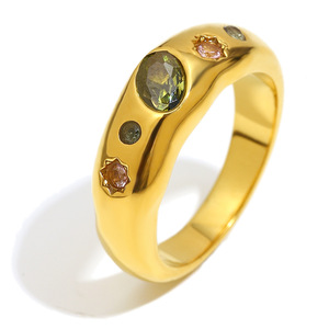 Anillo de banda de acero inoxidable con incrustaciones de piedras multicolor, moderno, vintage, grueso, apilable, para mujer, para uso diario y fiestas. - Product Image 1
