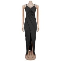 Robe longue moulante personnalisée pour femme, décolleté plongeant en V, bretelles spaghetti, dos nu, froncée, fendue, pour soirée et fête