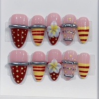 Kuku Akrilik Pre-Desain Buatan Tangan Motif Bunga Kecil 3D Garis Polkadot Kontras Merah Anggur Almond Kartun Retro Amerika