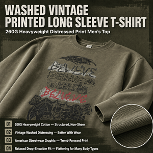 <b>Men</b> Loose Fit 260G Cotton Long Sleeve T-Shirt Heavyweight Washed Vintage Graphic Print Streetwear Supplier OEM Top Wear Bulk - Product Image 5