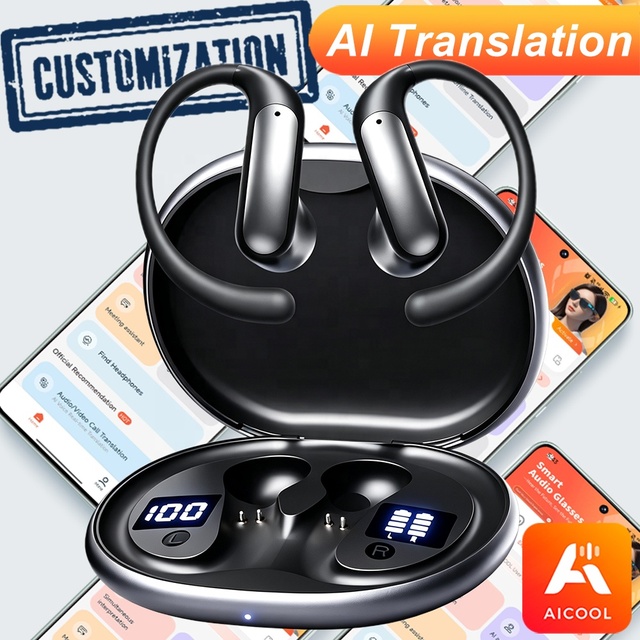 M134 AI Real-Time Translation Ear Hook Wireless Earbuds with Meeting Recording Transcription, LED Digital Display Earphones OEM