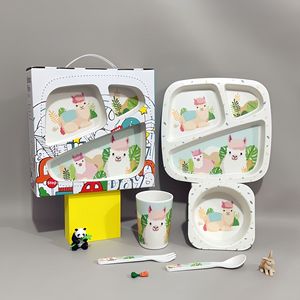 Ensemble de <span class=keywords><strong>vaisselle</strong></span> pour enfants en fibre de <span class=keywords><strong>bambou</strong></span> bol de dessin animé créatif assiette divisée cuillère fourchette tasse cinq pièces cadeau <span class=keywords><strong>vaisselle</strong></span> - Product Image 5