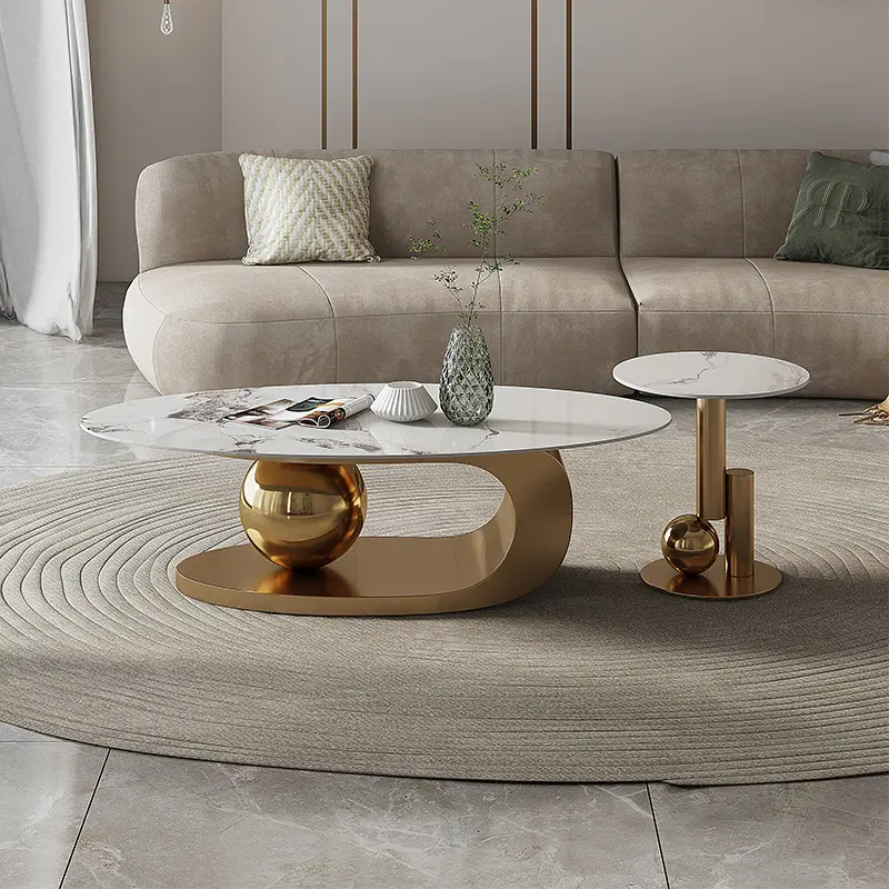 Nuovo design oro base in acciaio inox pietra sinterizzata tavolino e tavolini set per soggiorno mobili