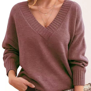Pulls décontractés pour femmes à col en V, coupe ample, personnalisables, faible MOQ, prix abordable, en coton et viscose, couleur unie - Product Image 3