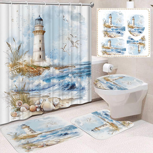 Rideau de douche en polyester à motif de phare blanc et de paysage côtier, imprimé numériquement sur mesure, vente en gros - Product Image 2