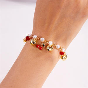 <strong>Korean</strong> Elegant Adjustable Alloy Pearl Heart Shaped Cherry Bracelet for Women Gold Plated Enamel Strawberry <strong>Charm</strong> for Summer - Product Image 2