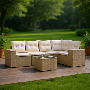 Ensemble de canapés de jardin en rotin beige moderne, meubles d'extérieur avec coussins en mousse haute densité, design contemporain - Product Image 2