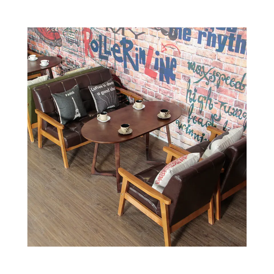 Ticari moda cafe mobilya ucuz katı ahşap kullanılan restoran masaları ve deri sandalyeler