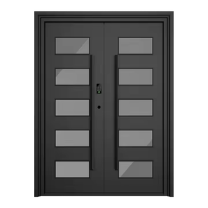 Porte d'entrée double pivotante moderne en aluminium, panneau en verre fumé, porte de sécurité principale de villa avec serrure numérique intelligente - Product Image 1